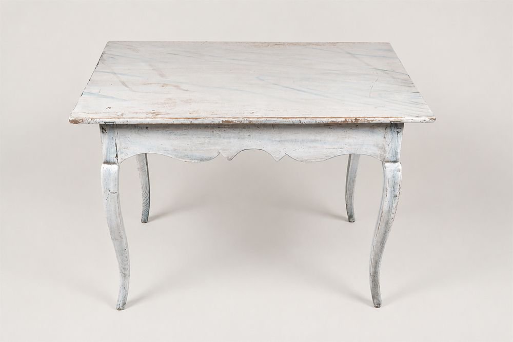 Schwedischer Barocktisch mit originaler Fassmalerei in Fantasiemarmor in grau und blau, 18.Jh.